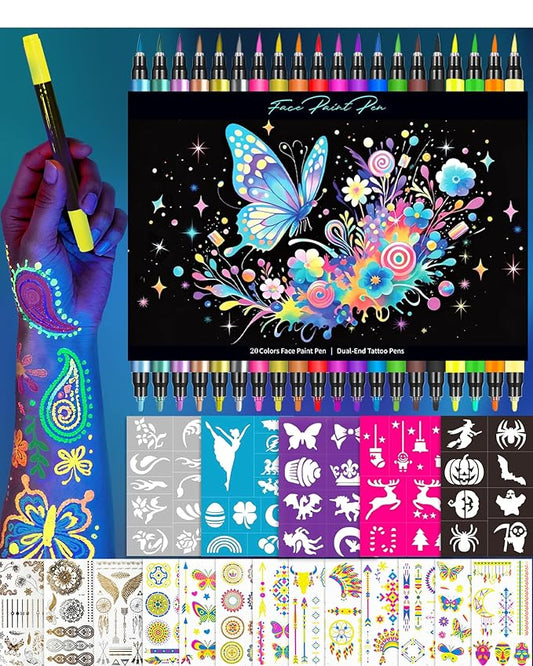 Temporary Tattoo Markers for Skin, 20 Pcs Dual-Tip UV & Matte & Glitter Tattoo Pens, Skin-Safe Body Markers with Tattoo Stencils & Stickers, Washable Glow in the Dark Markers for Kids Teens