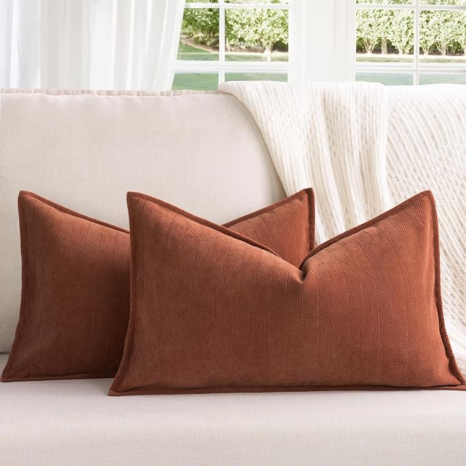 Rust Throw Pillow Covers 12x20 Set of 2 Chenille Fall Pillow Covers with Elegant Design Soft and Luxurious Decorative Throw Pillows for Couch, Bed, and Home Decor