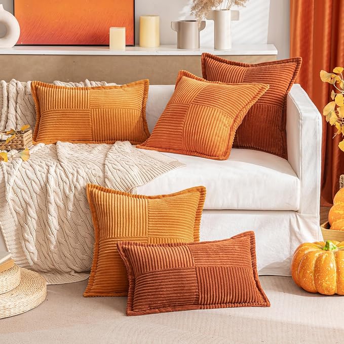 MIULEE Rust Fall Corduroy Decorative Euro Sham Pillow Covers 24x24 Inch with Splicing Set of 2 Soft Boho Pillow Covers Broadside Textured Summer Pillowcases for Couch Bed Livingroom