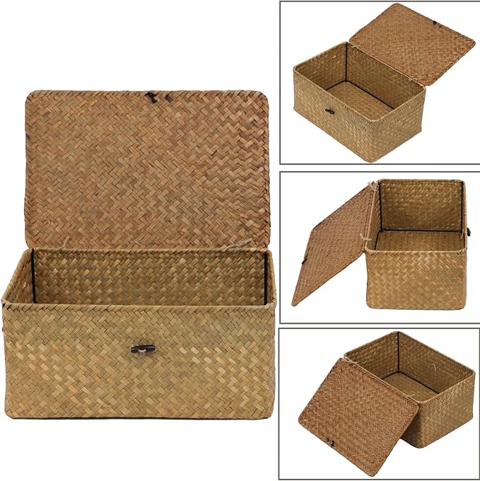 Seagrass Wicker Storage Basket with Lid, Large, Natural | Large Storage Box, Shelf Organizer, Rectangular Woven Bin, Multipurpose Home Storage, Natural Decor, 13 x 8.66 x 6.1