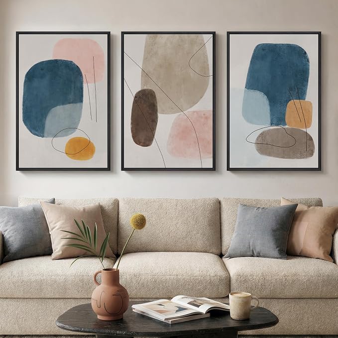 Large Framed Abstract Canvas Wall Art for Living Room, 3 Piece Colorful Minimalist Modern Prints Paintings Artwork for Walls, Neutral Pictures Wall Decor for Bedroom, Office, Dining Room 24x36 In