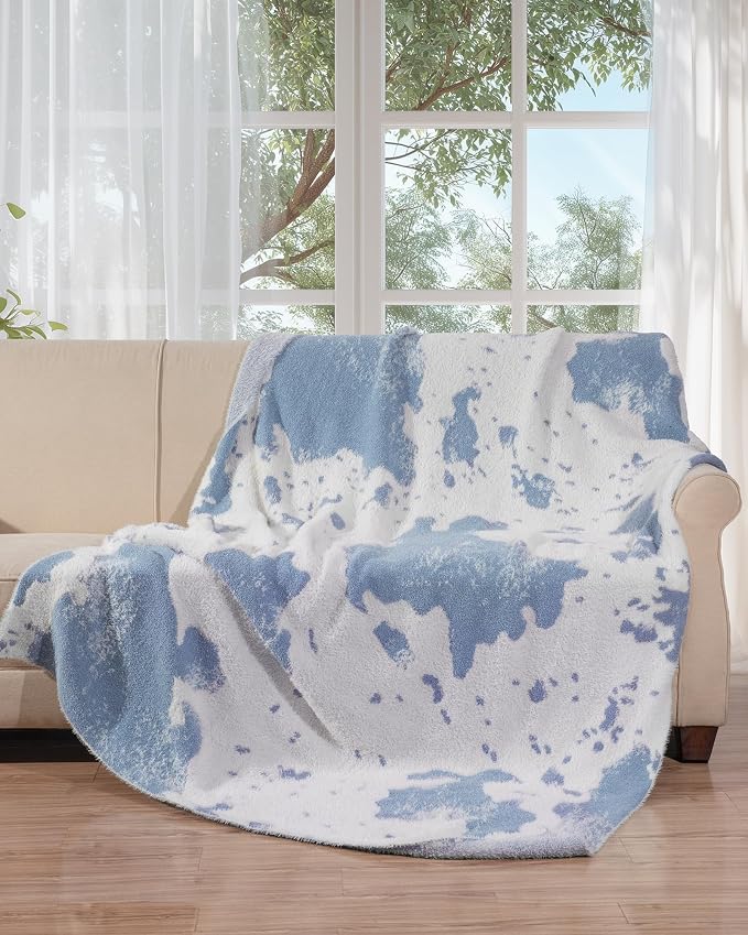 Throw Blanket for Couch, Soft Cozy Chunky Knit Thick Knitted Blanket for Sofa, Bed, Gift for Women Girls Home Decor (Cow-Blue, Throw 50"x60")