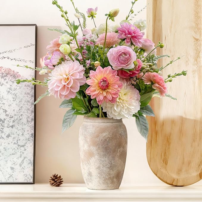 Rustic Ceramic Vase, 8.2 Inch Terracotta Rustic Vase, Farmhouse Decorative Vase Boho Decor, Christmas Decorative Vintage Flower Vase Home Decor, Living Room, Entryway, Holiday Wedding New Year Gifts
