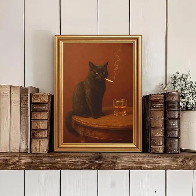 ICHZUMW Gold Framed Funny Black Cat Whiskey Vintage Canvas Wall Art 8x10 In | Funny Cat Smoking Cigarette Picture, Quirky Animal Bar Wall decor, Bathroom Man Cave Bedroom, Fade Resistant, Ready to Hang