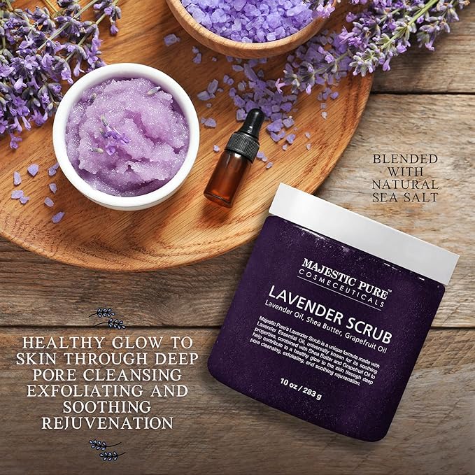 Lavender Oil Body Scrub Exfoliator with Shea Butter and Grapefruit Oil by Majestic Pure - Exfoliate & Moisturize Skin, Fights Acne - 10 oz
