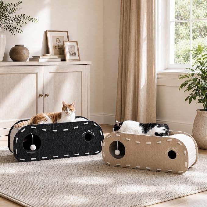 FUKUMARU Cat Bed Cave Tunnel, 31.5 Inch, Cat House Condo Indoor, Beige | Extra Long Design, For Multiple & Large Cats, Felt Material, Fluffy Ball Included, Scratch Resistant