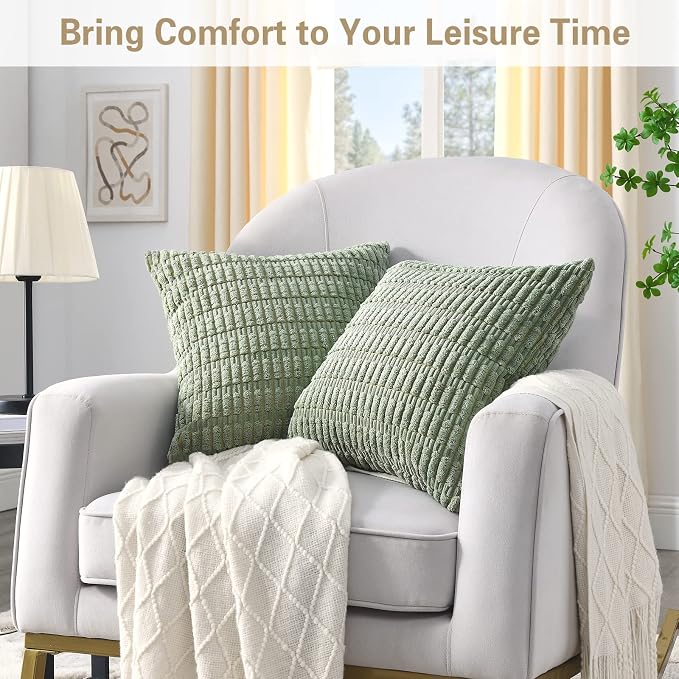 Volcanics Pack of 2 Sage Green Decorative Throw Pillow Covers 16x16 Inch | Soft Corduroy Striped Square Cushion Cases, Modern Farmhouse Boho Home Decor for Spring Couch Bed Sofa Living Room