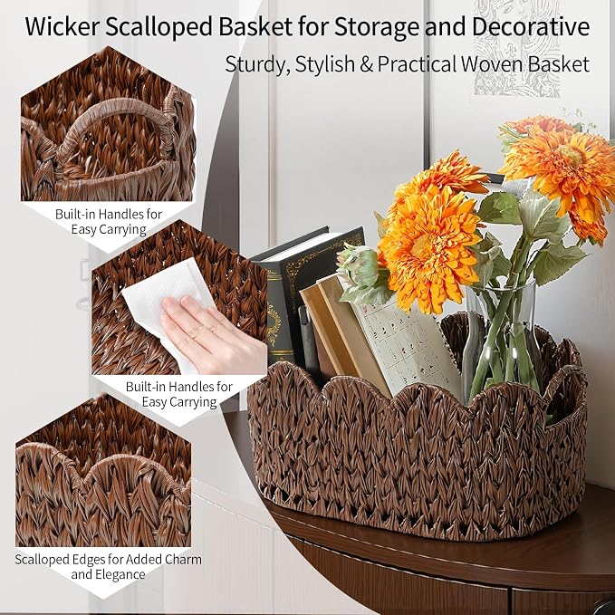 Coeusy Wicker Scalloped Basket Set of 2,Woven Storage Baskets for Shelves,Closet,Laundry,Gift,Towels,Books,Toys,Waterproof Cute Decor Basket for Organizing,Brown