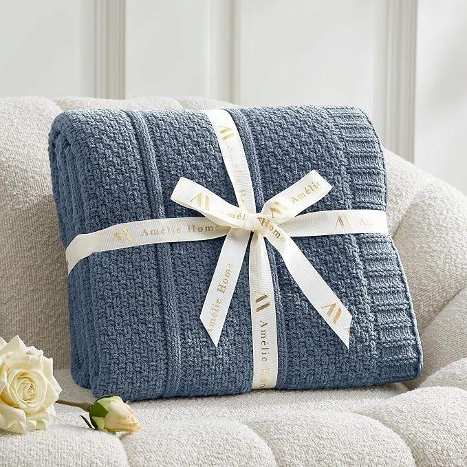 Chenille Throw Blanket for Couch, Soft Cozy Chunky Knit Blanket, Moss Stitch Throw for Sofa, Bed, Living Room, Lightweight Warm Home Decor, Dusty Blue 60"x80"