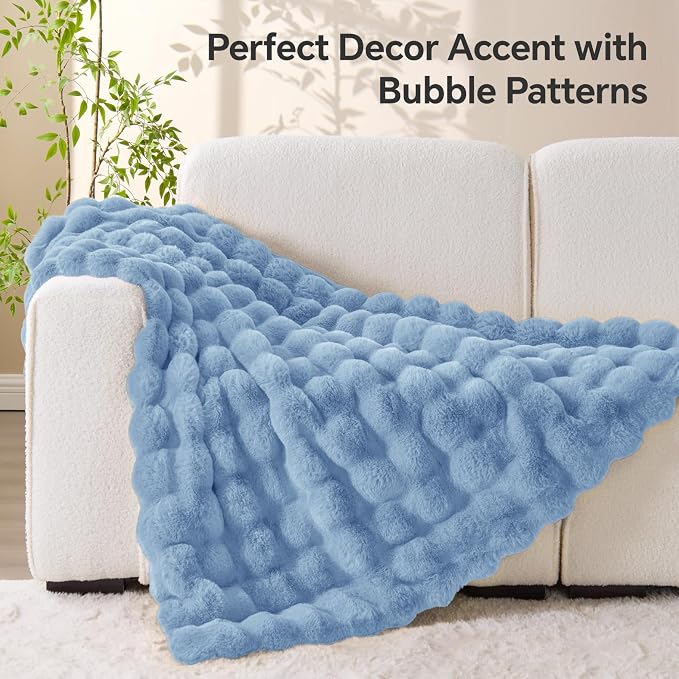 BEDELITE Faux Fur Throw Bubble Blanket for Couch, 60" x 80", Light Blue | 870GSM Soft Cozy Plush Blanket for Sofa & Bed Living Room Decor, Warm Fuzzy Faux Rabbit Fur for Women Gift, All Season Use