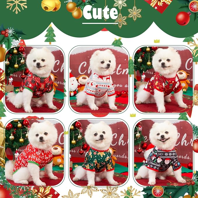 6 Pieces Christmas Dog Clothes for Small Dogs, Soft and Breathable Pet Shirt, Winter Puppy Kitten Vest Printed Dog Shirts, Christmas Snowman Santa Claus Reindeer T-Shirts for Pet Dogs Cats