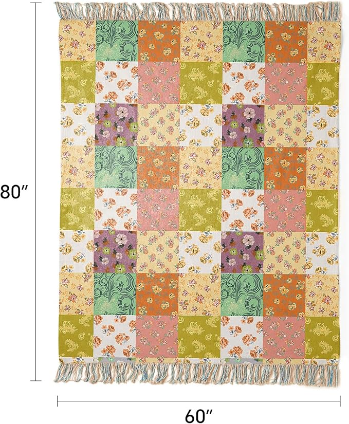 RILIHO 100% Cotton Boho Throw Blanket for Home Decor – Classic Farmhouse Quilt Bedding, Muslin Blankets for Adults, Vintage Woven Decorative Blanket for Couch, Bed Layering Use, Patchwork, 60"x80"