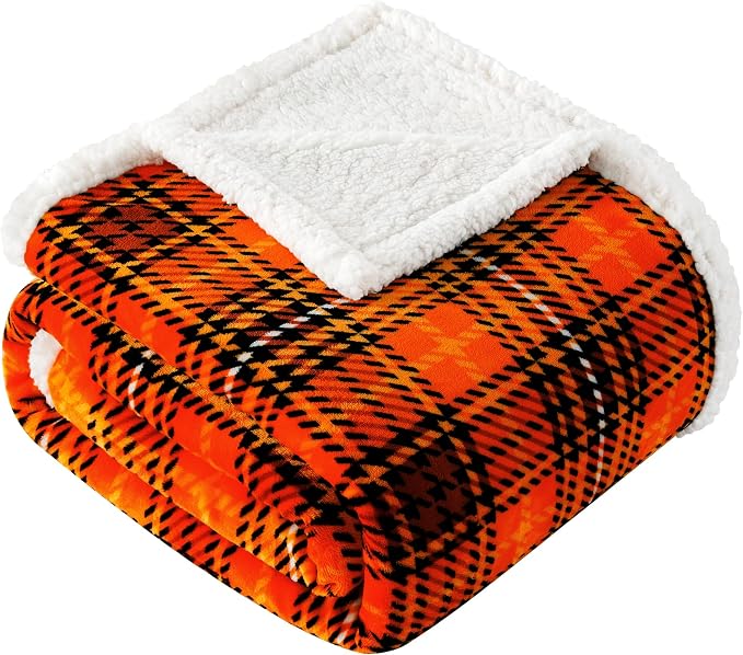 Sherpa Halloween Plaid Throw Blanket(60" X 70", Plaid Orange), Fuzzy Fluffy Cozy Soft Blanket, Fleece Flannel Plush Twin Size Microfiber Blanket for Couch Bed Sofa