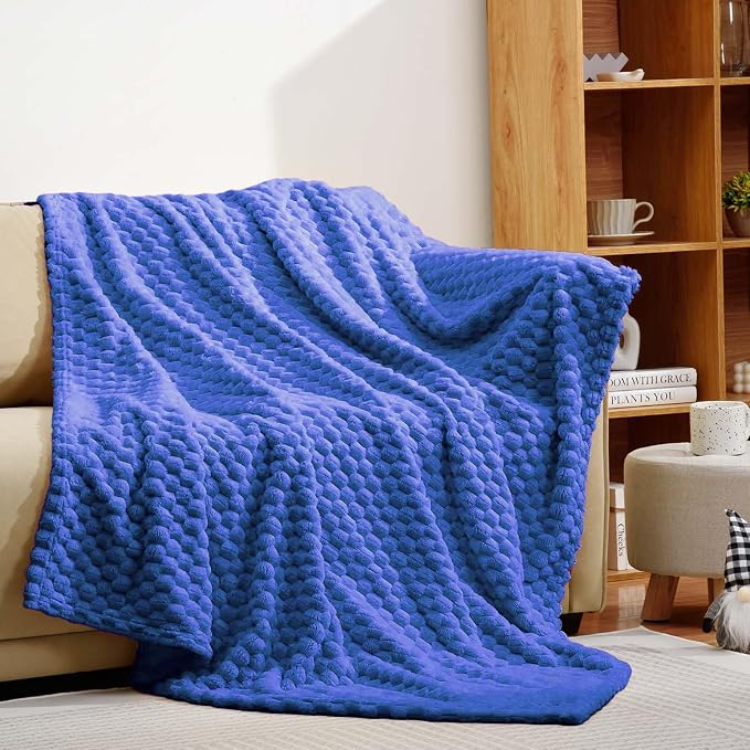 Excervent Hexagon Jacquard Throw Blanket for Bed, 50x70 Inches, Blue | Decorative Fuzzy Flannel Fleece Throw Blanket for Sofa Bed Couch, Super Soft Cozy, Suitable for All Seasons