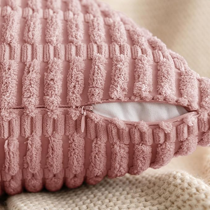 MIULEE Corduroy Decorative Throw Pillow Covers 16x16 Blush Pink Pack of 2 | Soft Boho Striped Pillow Covers Modern Farmhouse Home Decor For Sofa Living Room Couch Bed