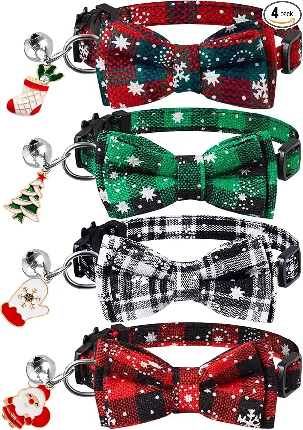 LLHK 4 Pack Christmas Cat Collars with Bow Tie and Bell,Breakaway Kitten Collar for Girl Boy Cats,Adjustable 7-12inch, for Kitty Kitten Adult Cats,Pet Supplies,Stuff,Accessories