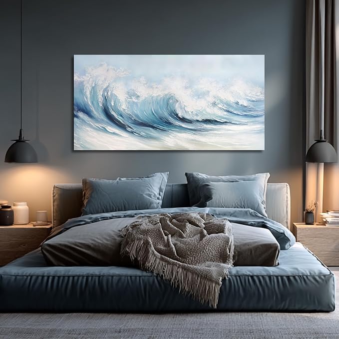 Belmrxne Coastal Wall Art Blue and White Wall Decor Ocean Canvas Painting Wave Textured Artwork Modern Aesthetic Wall Painting for Living Room Bedroom Office 29x58 Inches
