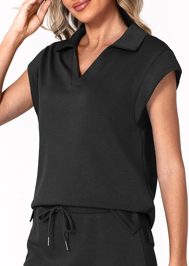 Casly Lamiit Womens Two Piece Skirt Sets Casual Cap Sleeve Lapel V Neck Tops Summer Travel Outfits Short Tennis Skort Set