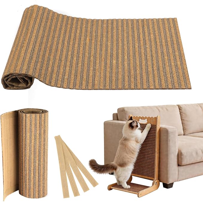Natural Cork Cat Scratcher Mat with No Pre-Applied Adhesive, Bonus 118inch Hook-Loop Tape. Cat Scratching Toy DIY, Replacement for Cat Tree, Post, Ramp and Wall Shelves (Oak Wood, 39.4 x 11.8 Inch)