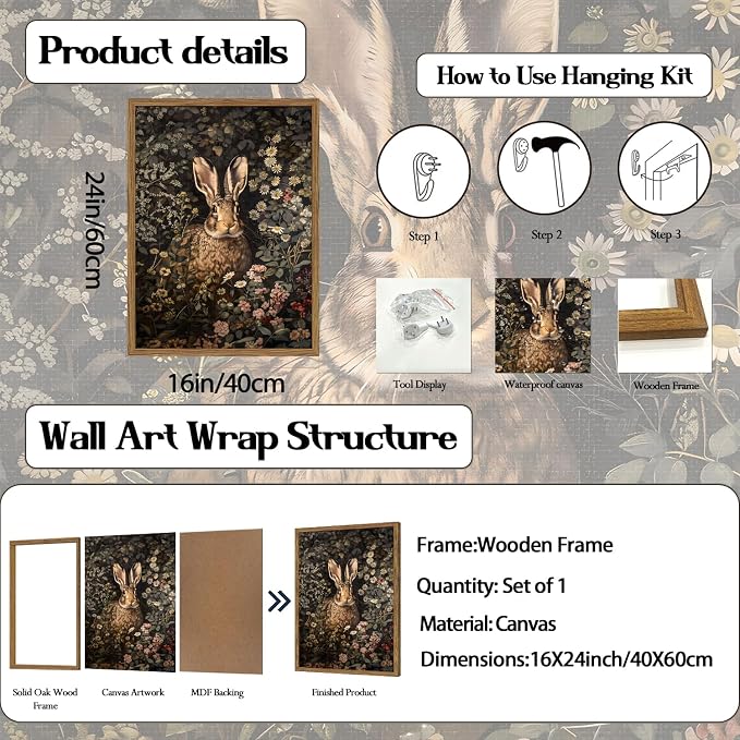 Dark Easter Rabbit Wall Art Vintage Cottagecore Bunny Wall Decor Painting Cute Easter Animal and Flower Poster Canvas Print Pictures for Bedroom Living Room Farmhouse 16x24 inch Wood Framed