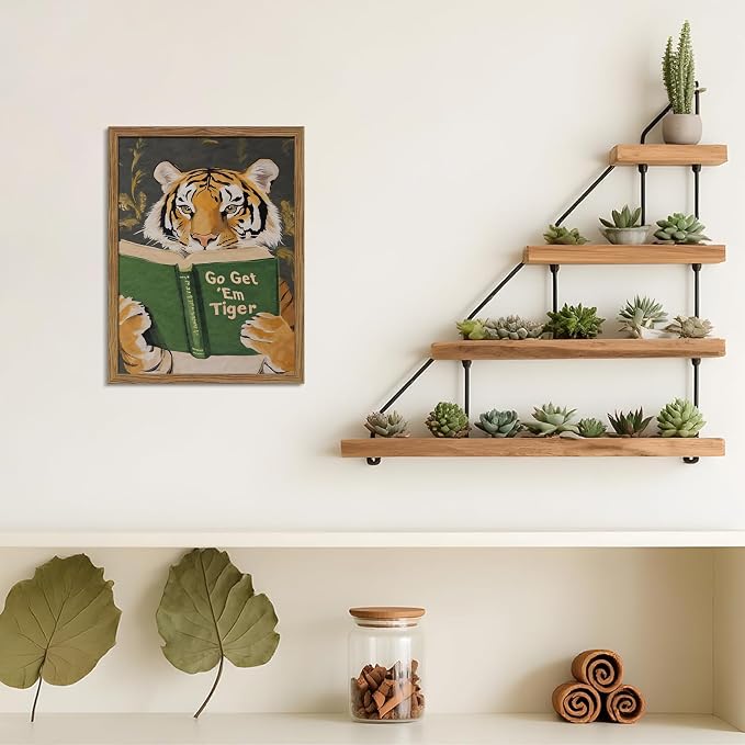 Framed Tiger Canvas Wall Art, Motivational Tigers Reading Poster Print, Humorous Bookworm Pictures Wall Decor, Vintage Go Get Em Tiger Painting for Office Library Bedroom Decor 16x24 inch