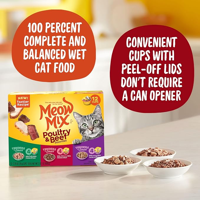 Meow Mix Poultry & Beef Favorites, Wet Food Variety Pack, 24 Cups