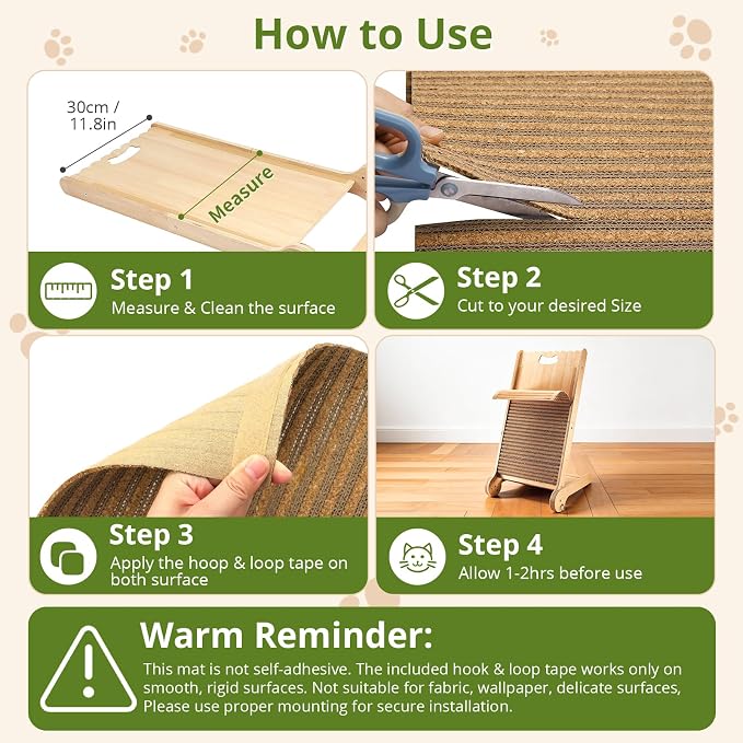 Natural Cork Cat Scratcher Mat with No Pre-Applied Adhesive, Bonus 118inch Hook-Loop Tape. Cat Scratching Toy DIY, Replacement for Cat Tree, Post, Ramp and Wall Shelves (Oak Wood, 39.4 x 11.8 Inch)