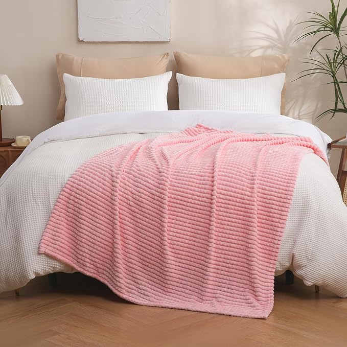 Puncuntex Fleece Throw Blanket Light Pink 90"×90" with Square Grid Design | Super Soft Plush Cozy Flannel Throw Blanket Luxury for Couch Sofa Chair