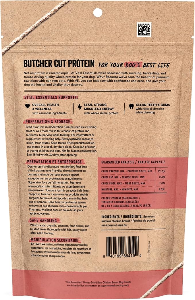 Vital Essentials Freeze Dried Dog Treats, Chicken Breast, 3.75 oz Bag | Single Ingredient, Premium Quality Protein, Grain-Free Training Treats, USA Made with U.S. & Globally Sourced Ingredients