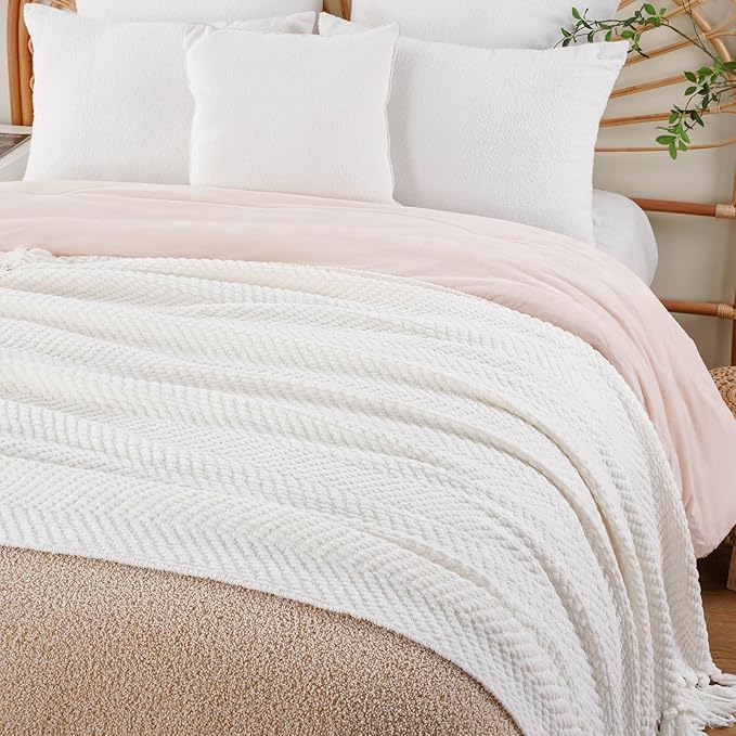 BATTILO HOME Cream Throw Blanket for Couch, Knit Throw Blanket, 50"x60" | Ivory Throw Blanket for Bed, Warm Decorative White Blanket Throw for Home Decor