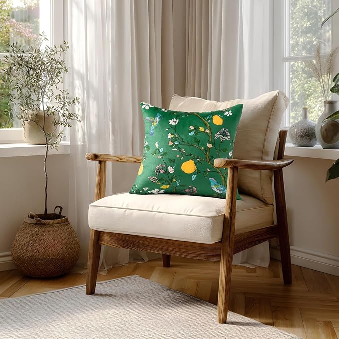 MUSSEL Green Velvet Floral Decorative 16x16 Pillow Covers Set of 2 | Soft Durable and Sturdy,Bird Plant,Throw Pillows Case,Square,Colorful Country Cushion Covers,Home Sofa Bed Couch Decor