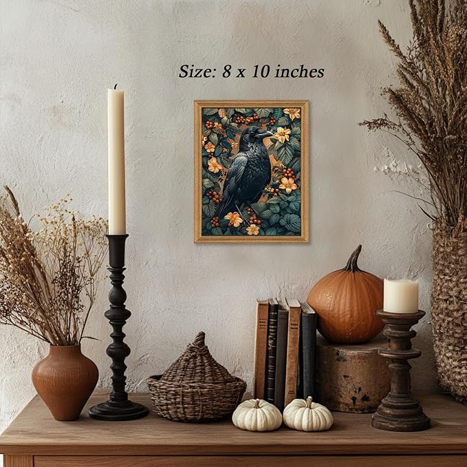 ICHZUMW Framed William Morris Raven Dark Academia Canvas Wall Art 8x10 In | Gothic Dark Cottagecore Crow Painting, Moody Floral Wall Decor for Bedroom Living Room Bathroom Office, Ready to Hang