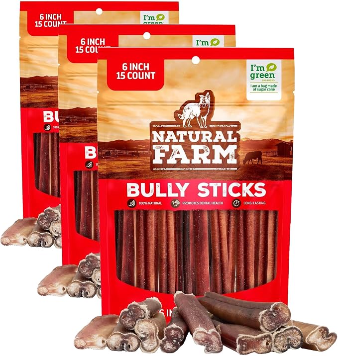 Natural Farm Bully Sticks (6 Inch, 15 Count), Single Ingredient: 100% Beef Chews, Grass-Fed, Non-GMO, Grain-Free, Fully Digestible Treats for Puppies, Small or Senior Dog (Pack of 3)