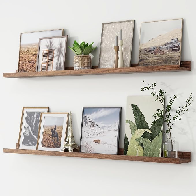Picture Ledge Shelf, Floating Shelves for Wall, 48" W Set of 2, Walnut | FSC Certified Engineered Wood, Wall Mounted Bookshelf, for Nursery Living Room Bedroom, Pre-Drilled, Easy Install