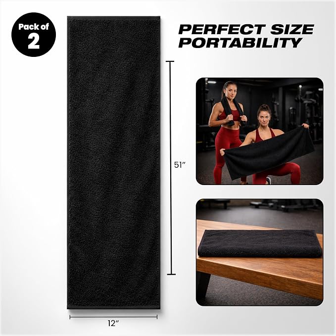 Sports Towel - Double Pack (2 Pieces), 12"x51", Black, 100% Cotton - Oeko-Tex Certified, Very Absorbent and Quick-Drying, for Fitness, Gym and Yoga