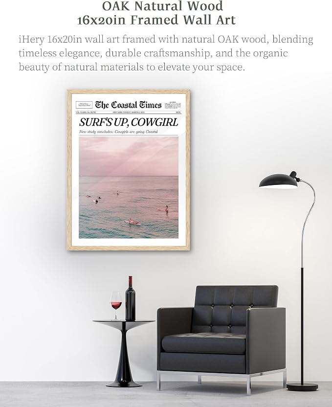 iHery 16x20in Surf’s Up Cowgirl Framed Newspaper Wall Art | Natural OAK Wood Frame with Canvas Print, Coastal Cowgirl Decor for Bedroom, Dorm, Living Room and Bar Cart, 1Pack