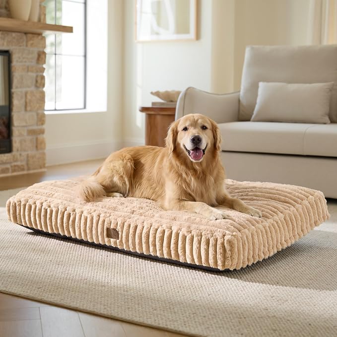 Bedsure ComfyFleece™ Fluffy Balanced Support XL Dog Bed,47x29 | Golden Ratio Chopped Foam & PP Cotton, Home Decor,Waterproof Liner, Removable Washable Cover, Nonslip Bottom,Sandy Beige