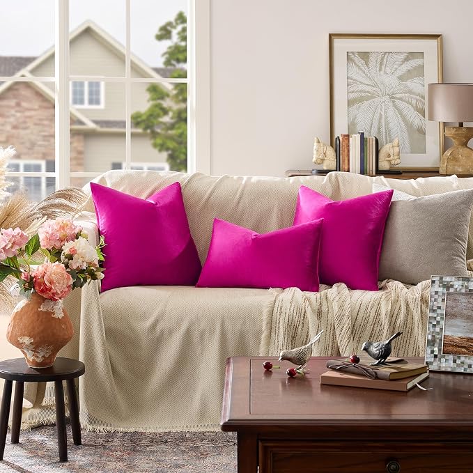 GIGIZAZA Hot Pink Velvet Pillow Covers 26x26 Decorative Pillows Pack of 2 | Throw Pillows for Couch,Euro Sham,280gsm Soft Textured Fabric,Modern Square Pillowcases,Luxury Cushion Covers