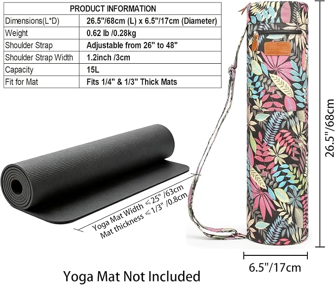 Canvas Yoga Mat Bag with Adjustable Strap & Pockets, Full-Zip Travel Gym Tote for Women & Men, Fits 1/4" & 1/3" Thick Mats, Lightweight Carrier for Yoga, Studio, Workout, Outdoor Use