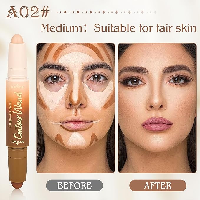 Contour Highlighter Stick，2-in-1 Dual-Ended Cream Bronzer & Highlighter Sticks Pen for Face Body Contouring Makeup- Buildable，Waterproof, Easy to Apply Suitable for Beginners，02Nude + Light Beige