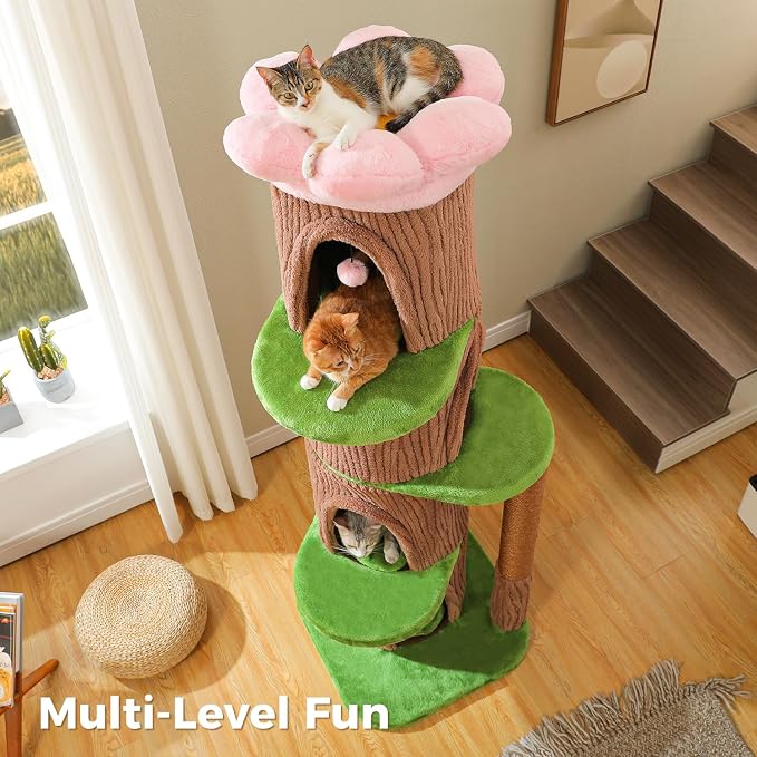 MUTTROS 68.5" Forest Cat Tree Tower with 4 Condos & Flower Top Bed, Brown | Tree-look design, 3.8in thick sisal post, 4 spacious condos, Flower top bed, Heavy duty build, Multi-cat homes