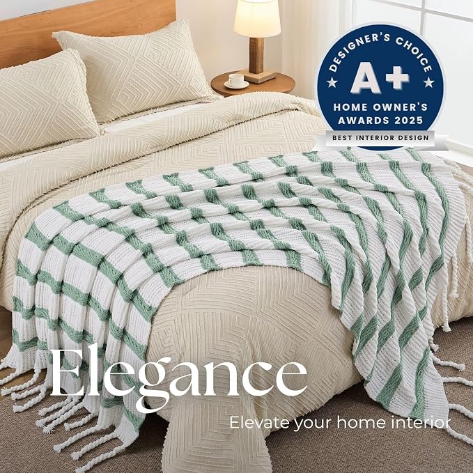 Boho Knitted Chenille Blanket with Tassels - Lightweight & Soft All-Season Throw - 3D Classic Pattern for Living Room Bedroom Couch, Sage Green(Striped), Throw 50"x60"