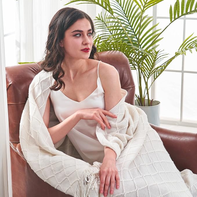 inhand Off White Knitted Throw Blanket for Couch and Bed, 60"x80" | Soft Cozy Knit Blanket with Tassel, Lightweight Decorative Blankets and Throws, Farmhouse Warm Woven for Men and Women