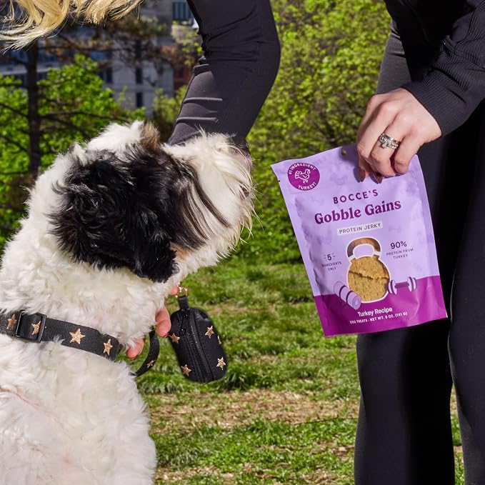 Bocce's Bakery Gobble Gains Protein Jerky Dog Treats, Turkey (5 oz) | High-Protein, Wheat-Free, Limited-Ingredient Treats with No Added Salt or Sugar - Baked in The USA