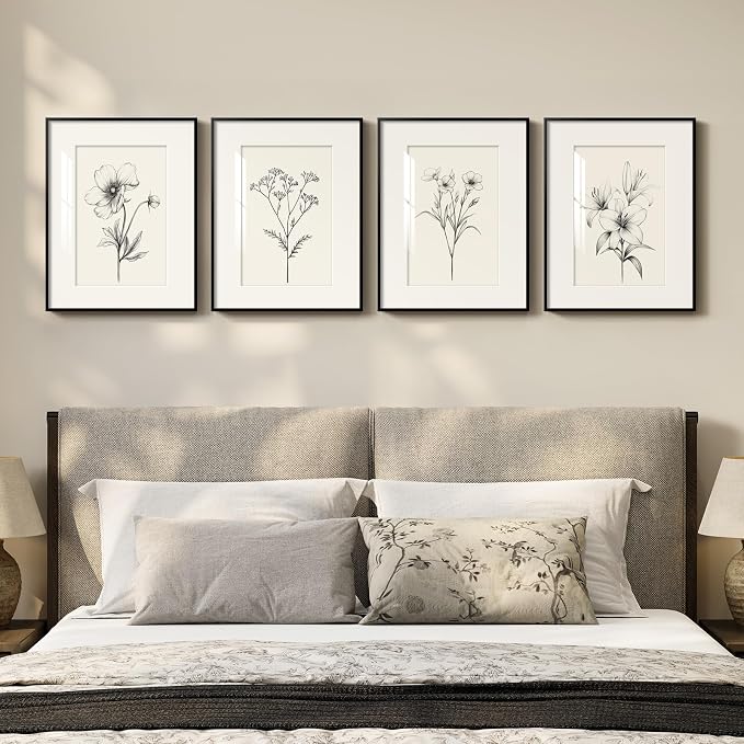 Framed Black and White Floral Wall Art for Bedroom, Vintage Minimalist Botanical Prints Artwork for Walls, Neutral Flower Pictures for Modern Farmhouse Bedroom Living Room Office Wall Decor, 12x16 In