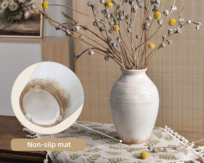 9.3 Inch Ceramic Rustic Flower Vase, White Boho Framhouse Vases Home Decor