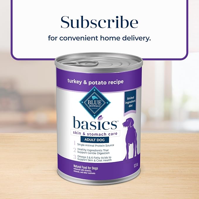 Blue Buffalo Basics Turkey Adult Grain-Free Wet Dog Food, 12.5 oz, 12 ct | Skin & Stomach Care, Real Turkey #1 Ingredient, Limited Ingredient Diet, Antioxidant-Rich LifeSource Bits, Skin & Coat Health