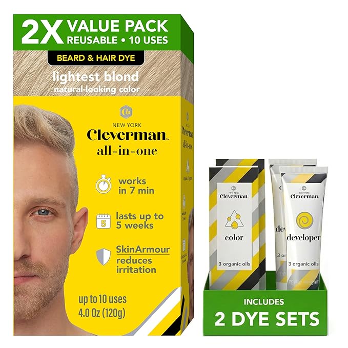 2X Reusable Hair & Beard Dye for Men – Lightest Blond | Up to 10 Uses, 7 Minutes | Natural Gray Coverage, No-Drip Cream with SkinArmour® – Cleverman