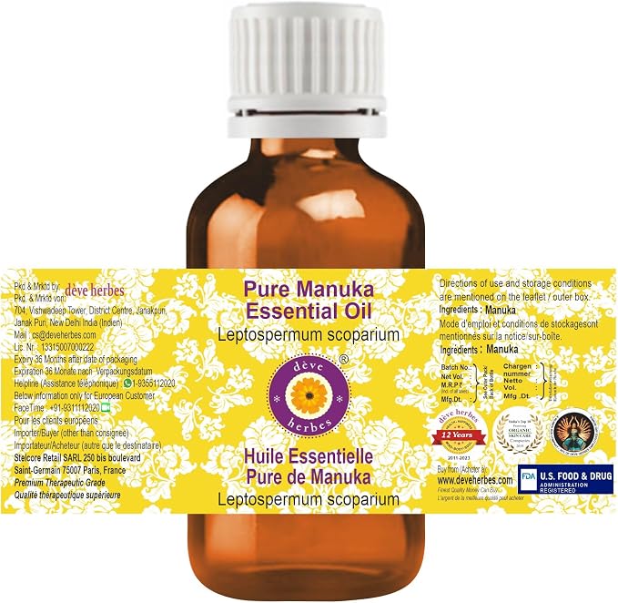 dève herbes Manuka Essential Oil (Leptospermum scoparium) Pure | Non-Sticky | Non-Greasy | Lightweight | Men & Women | All Skin Types | Steam Distilled 10ml (0.33 oz)