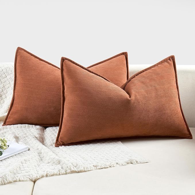 MIULEE Pack of 2 Fall Burnt Orange Lumbar Chenille Pillow Covers 12x20 | Soft Couch Throw Pillows,Farmhouse Cushion Covers with Elegant Design for Sofa,Bedroom,Living Room,Spring Home Decor